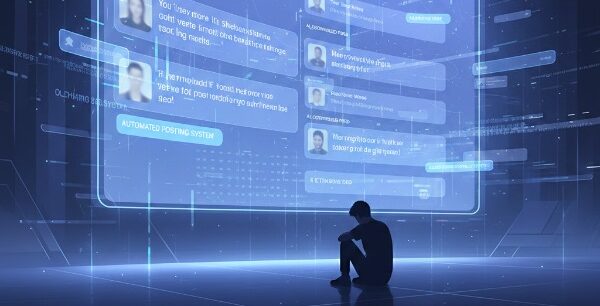 Ilustrasi AI yang mengelola akun media sosial setelah pemiliknya tidak aktif, konsep digital afterlife di era teknologi