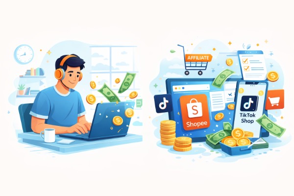 Ilustrasi cara cari uang online 2026 melalui freelance dan affiliate Shopee serta TikTok Shop