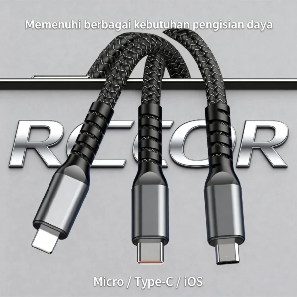 Ujung konektor Type C Lightning dan Micro USB dalam satu kabel