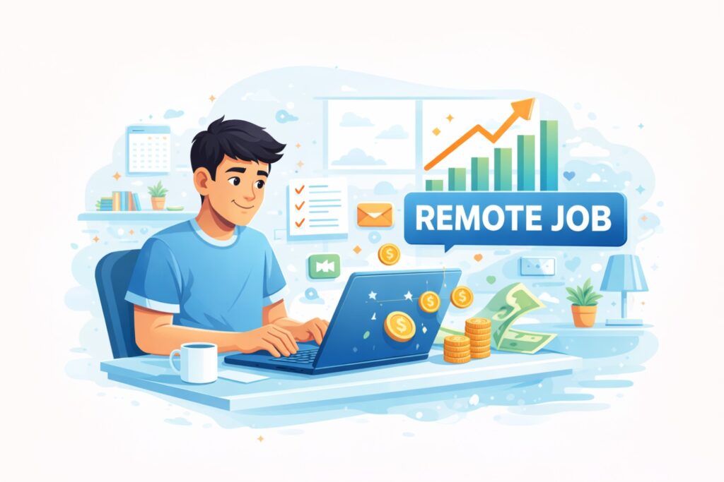 Ilustrasi kerja online dari rumah dengan laptop dan proyek digital