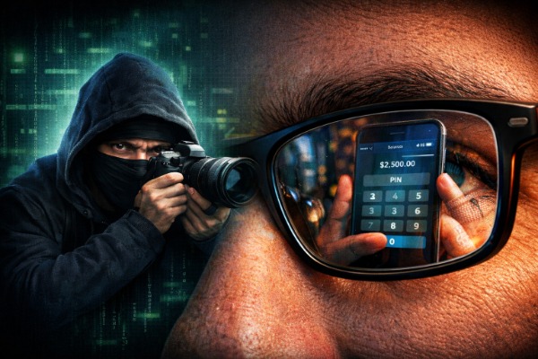 Ilustrasi screen snapping 2026 di mana hacker memotret pantulan layar HP melalui kacamata untuk mencuri PIN dan data pribadi