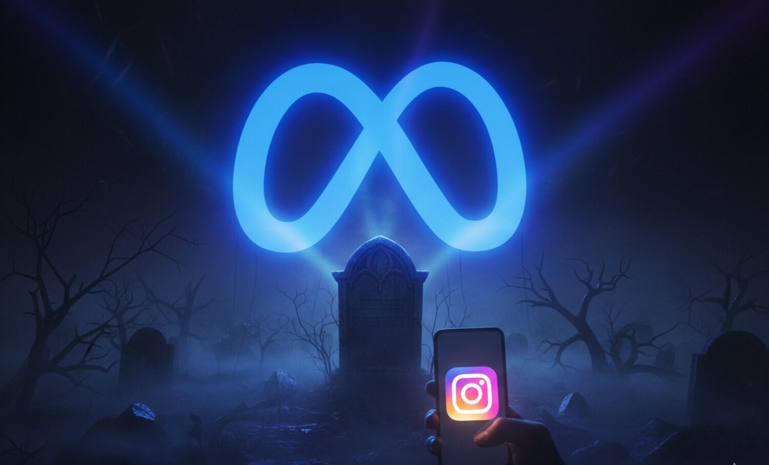 Ilustrasi teknologi digital afterlife, Meta dan Instagram digambarkan dengan ponsel di kuburan sebagai simbol akun yang tetap aktif oleh AI