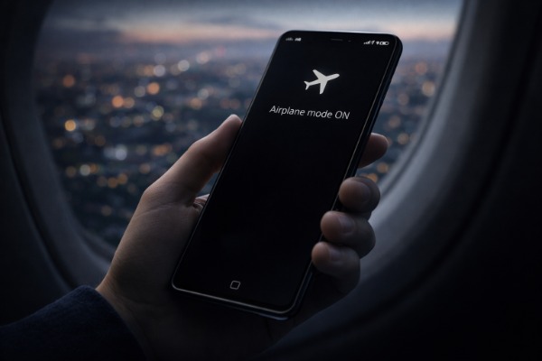 Ilustrasi smartphone dengan mode pesawat untuk menyegarkan koneksi jaringan internet