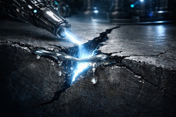Self-healing materials memperbaiki retakan pada permukaan logam dengan cairan metalik bercahaya biru
